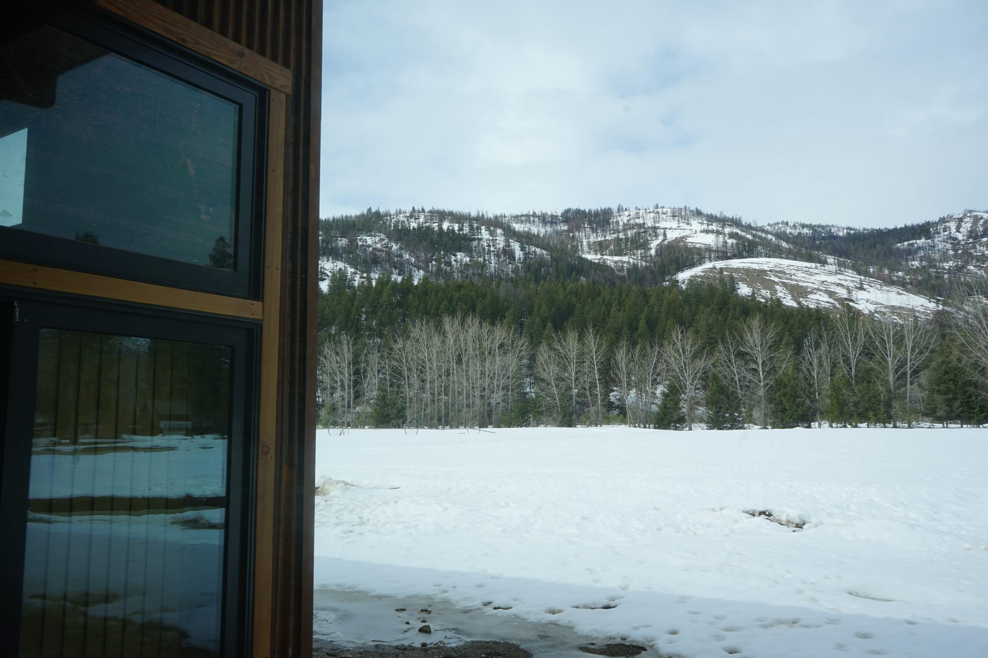 Lodge exterior with snow-covered mountain peak and aspen grove beyond