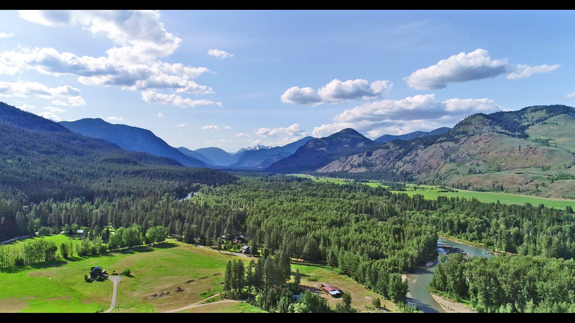 Aerial view of Wolfridge Resort and the Methow Valley with the Methow River and Cascade Mountains