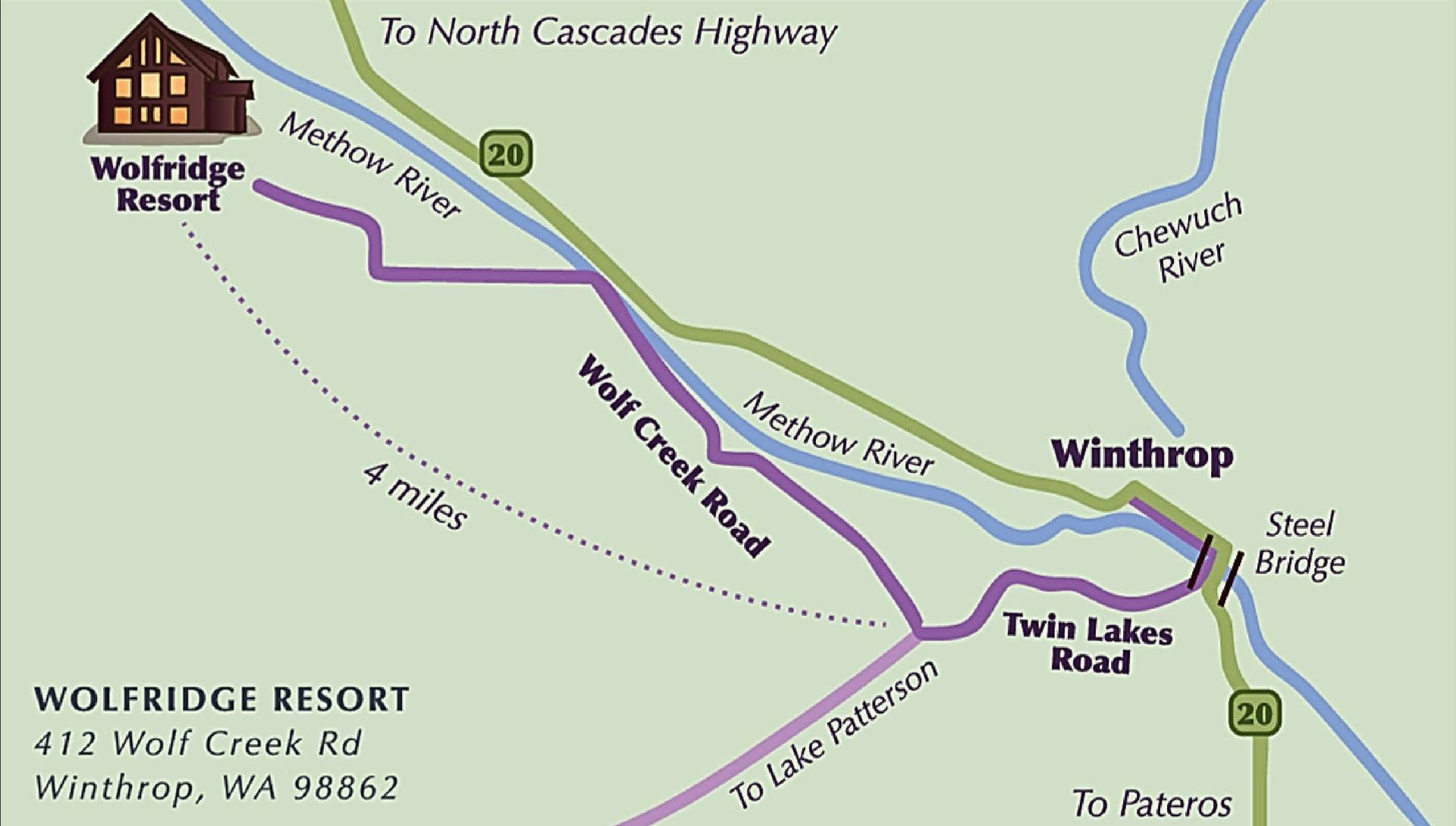 Wolfridge Resort area map showing location relative to Winthrop and the Methow Valley